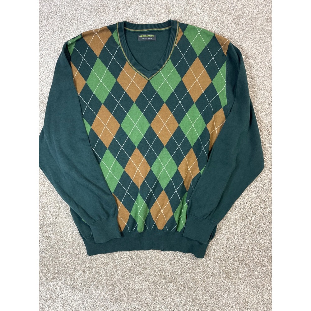 John Bartlett Consensus Mens XL Argyle V-Neck Sweater Green Cotton Knit
